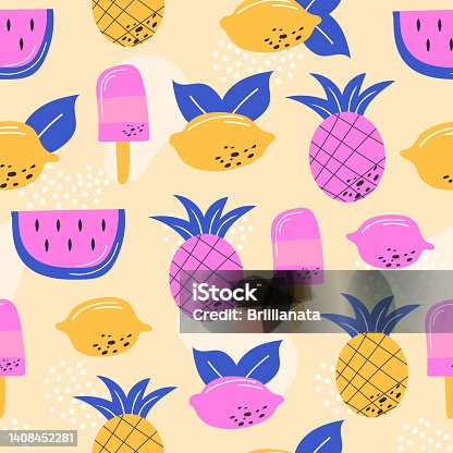 istock Multicoloured summer fruits seamless pattern for wallpaper, wrapping and textile 1408452281