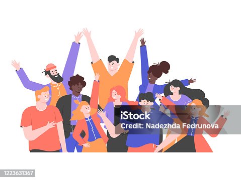 istock Multicultural group of people is  standing together. Team of colleagues, students, happy men and women. Multinational society. Friendship, teamwork and cooperation. Vector flat illustration. 1223631367