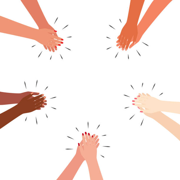 Multicultural hands applaud. Clap around. Greetings, thanks, support. Vector illustration on white background Multicultural hands applaud. Clap around. Greetings, thanks, support Vector on white background clapping stock illustrations