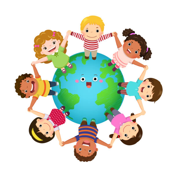 wielokulturowe dzieci trzymające się za ręce na całym świecie. szczęśliwy dzień childrenâs. - dzień przedszkolaka stock illustrations