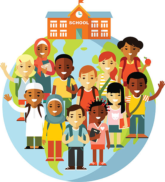 Multicultural school kids concept Different school children on earth globe and school background in flat style cute arab girls stock illustrations