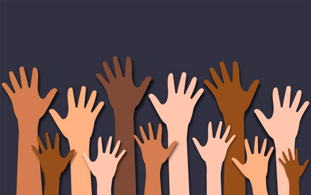 Multi-ethnic and Diverse Hands Raised Up. Charity, crowd, workforce, community concept. Vector illustration. Multi-ethnic and Diverse Hands Raised Up. Charity, crowd, workforce, community concept. Vector illustration. Eps 10. voting clipart stock illustrations