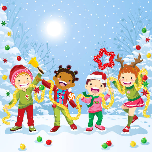 stockillustraties, clipart, cartoons en iconen met multi-etnische groep kinderen vieren kerstmis - vrouw kerstboom versieren