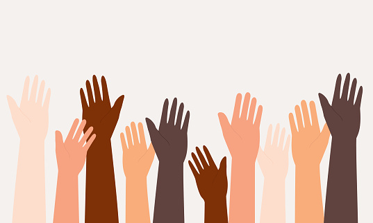 Diverse Group Of Hands Raising Up. Isolated On Solid Color Background. Vector, Illustration, Flat Design, Character.