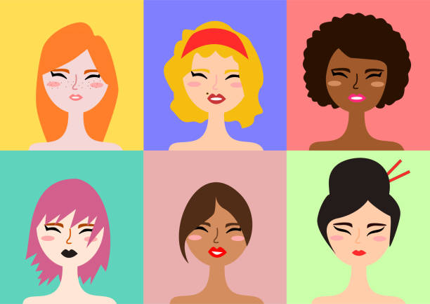 Multiethnic group of women People, Adult, Ethnicity, Multi-Ethnic Group, Illustration hairstyle illustrations stock illustrations