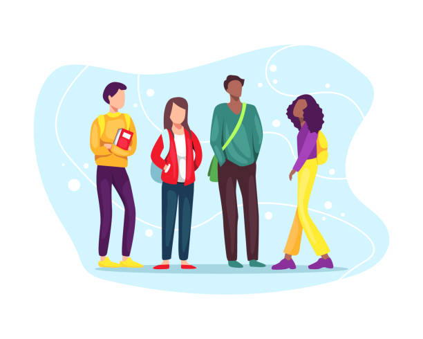 Multiethnic group of young students standing together Vector illustration Group of students with books and backpacks. Multiethnic group of young students standing together, education and youth concept. Vector illustration in flat style teenagers stock illustrations