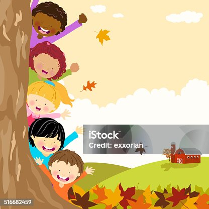 istock Multi-Ethnic Kids Hiding Behind Tree at Autumn 516682459