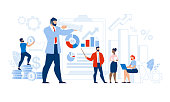 Multi-Ethnic Team Certified Auditor Doing Research. Man and Woman Character Analyzing Graph and Chart Financial Audit Statistic Report. Leadership and Successful Business. Vector Illustration