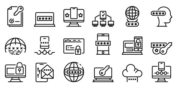 Multi-factor authentication icons set, outline style Multi-factor authentication icons set. Outline set of multi-factor authentication vector icons for web design isolated on white background authentication stock illustrations