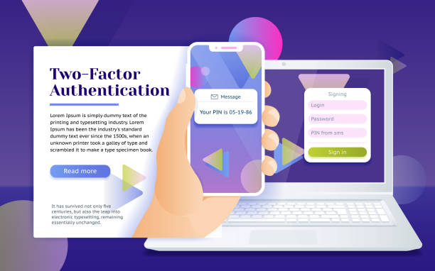 Multi-factor authentication (MFA) SMS code password. Man sits in front of the laptop with phone and getting access to the website two step verification. vector art illustration