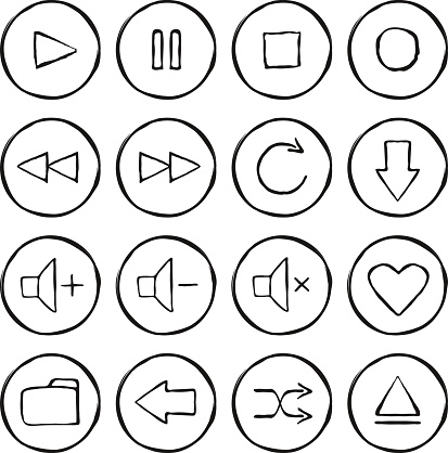 Multimedia hand drawn sketch icons set. Vector linear illustrations isolated on white 
