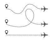 Multiple aircraft routes with dotted lines. Traveler tracks marked with dotted lines. Airplane tracking on route on white background