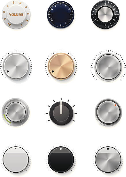 Multiple colors and styles of volume knobs Set of the detailed control knobs in different colors dial stock illustrations
