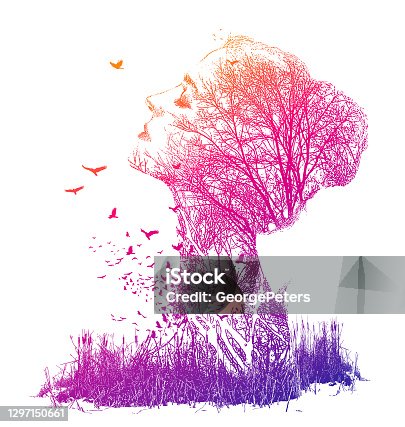 istock Multiple exposure of woman, trees and birds 1297150661