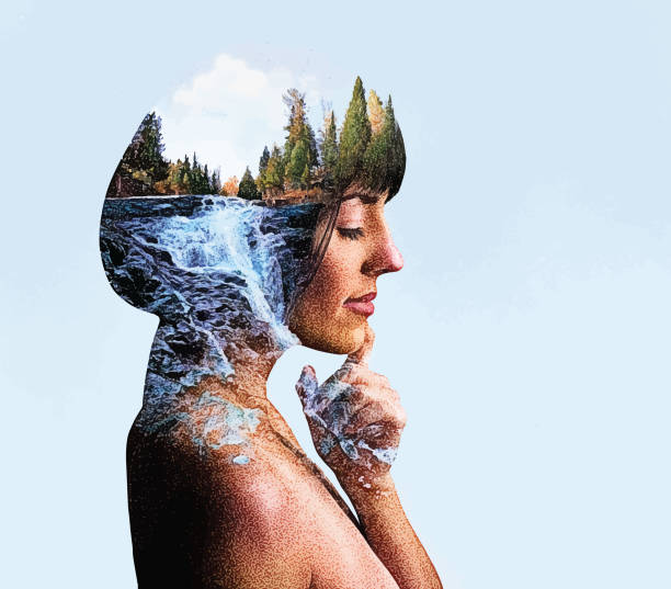 Multiple Exposure of young woman and river and waterfall Multiple Exposure of young woman morphing into river and waterfall mother nature stock illustrations