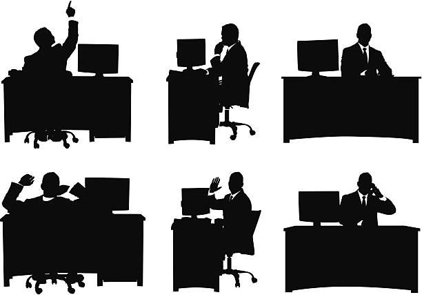 Multiple image of a businessman working in his office Multiple image of a businessman working in his officehttp://www.twodozendesign.info/i/1.png office silhouettes stock illustrations