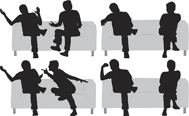 illustrazioni stock, clip art, cartoni animati e icone di tendenza di più immagini di una coppia seduta sul divano - accavallare le gambe