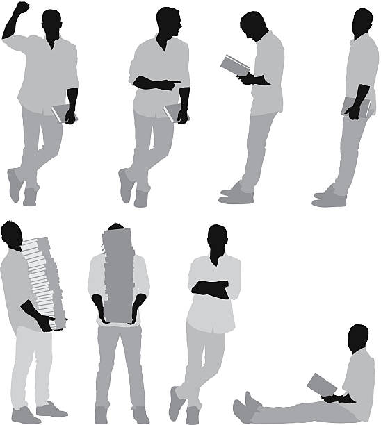 Multiple images of a man with books Multiple images of a man with bookshttp://www.twodozendesign.info/i/1.png book silhouettes stock illustrations
