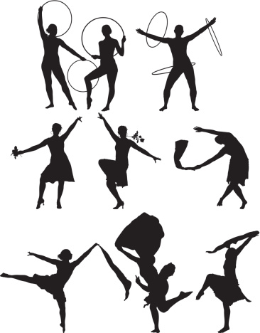 Multiple images of gymnasts dancing using hula hoop