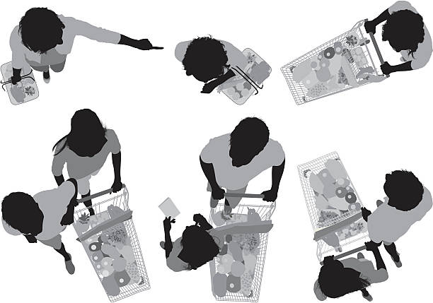 Multiple images of people shopping Multiple images of people shoppinghttp://www.twodozendesign.info/i/1.png supermarket silhouettes stock illustrations