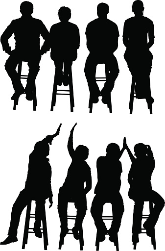 Multiple images of people sitting on stool