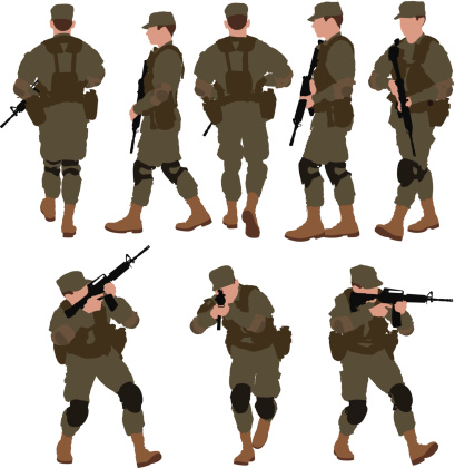 Multiple images of soldier with machine gun