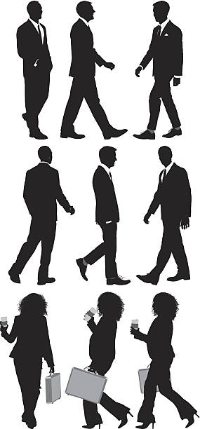 stockillustraties, clipart, cartoons en iconen met multiple silhouettes of business people - walking with coffee