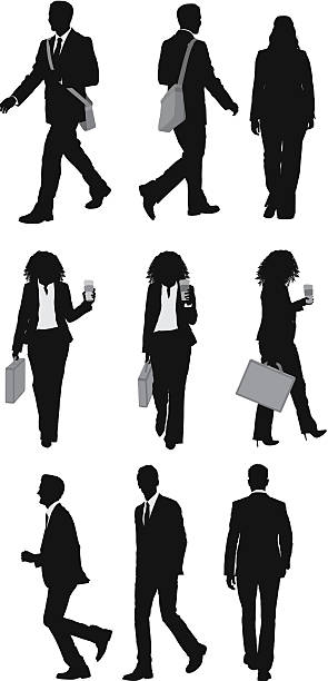 stockillustraties, clipart, cartoons en iconen met multiple silhouttes of business people - walking with coffee