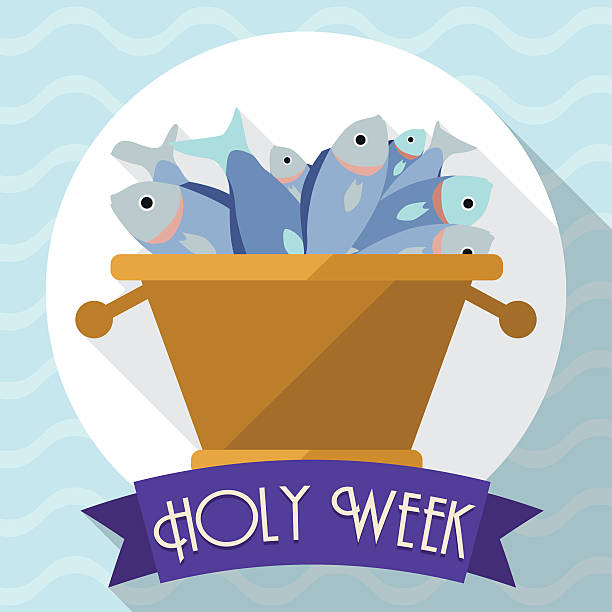 Multiplication of Fishes Scene in Flat Style for Holy Week Rounded icon with multiplication of fishes in basket with purple ribbon designed in flat style and long shadow. lent stock illustrations