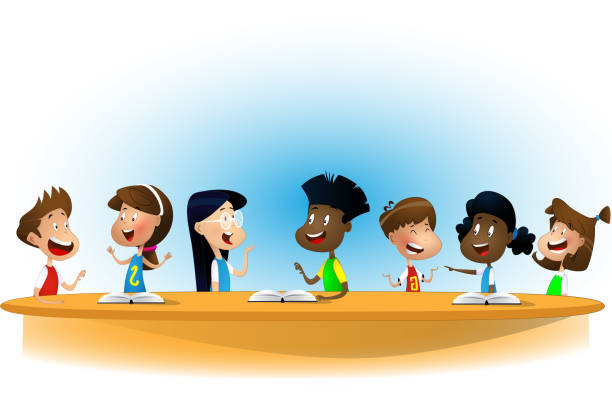 Multiracial children studying, reading books and discuss them. vector art illustration