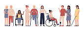 Multiracial disabled people character flat vector illustration set isolated on white background. Positive men and women with special needs with prosthesis, crutches, stick, in wheelchair, blind girl