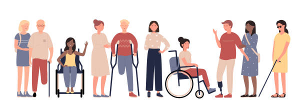 wielorasowe osoby niepełnosprawne z przyjaciółmi znaków płaski zestaw ilustracji wektorowych - disability stock illustrations