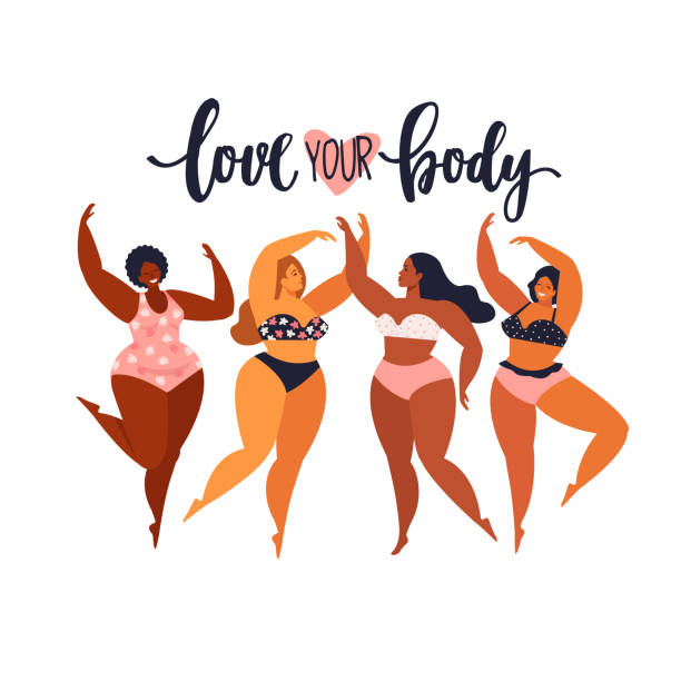 Multiracial women of different height, figure type and size dressed in swimsuits standing in row. Female cartoon characters. Body positive movement and beauty diversity. Vector illustration. Multiracial women of different height, figure type and size dressed in swimsuits standing in row. Female cartoon characters. Body positive movement and beauty diversity. Vector illustration. positive body image stock illustrations