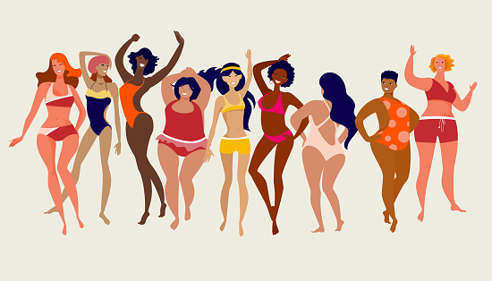 Multiracial women of different height, figure type and size dressed in swimsuits dancing anfd standing in row