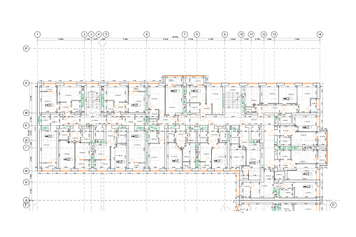 Multistory building detailed architectural technical drawing