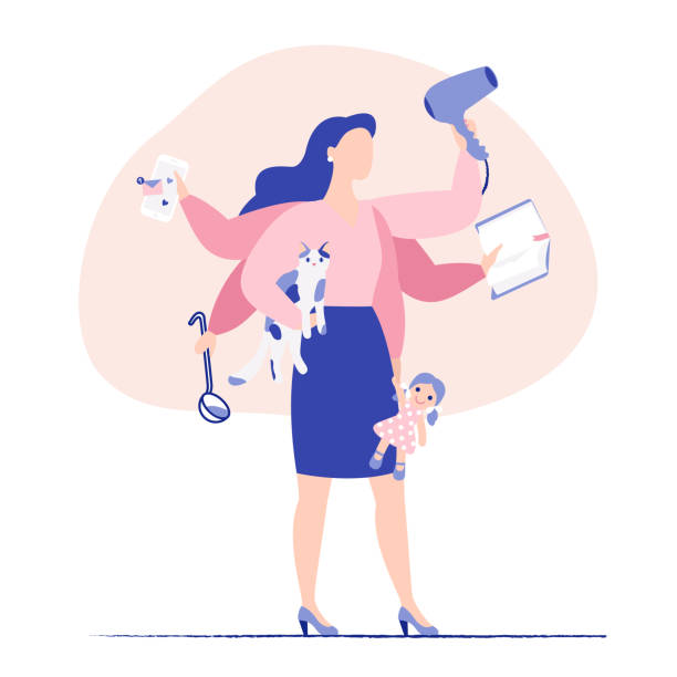 Multitasking business woman and mother concept. Young mother and business woman with six hands doing a lot of tasks at the same time. Flat colorful vector illustration. multiple arms stock illustrations