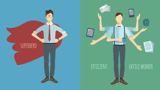 Multitasking businessman with six hands. Superhero. Set of two concept illustrations. Multitasking businessman with six hands. Superhero. multiple arms stock illustrations