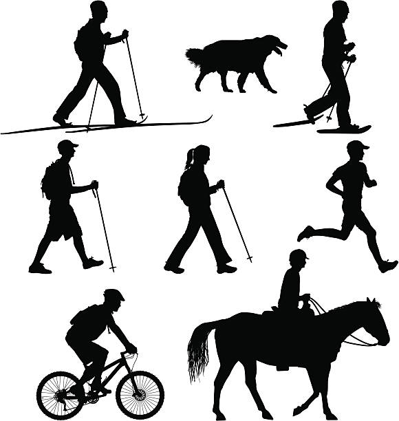 ilustrações de stock, clip art, desenhos animados e ícones de utilização multi-utilizadores de caminhadas trail run-cavalo de esqui - trilhos pedestres