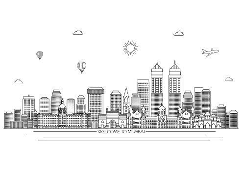 Mumbai detailed skyline. Travel and tourism background.  Line art style