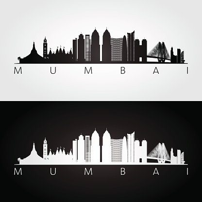 Mumbai skyline and landmarks silhouette, black and white design, vector illustration.
