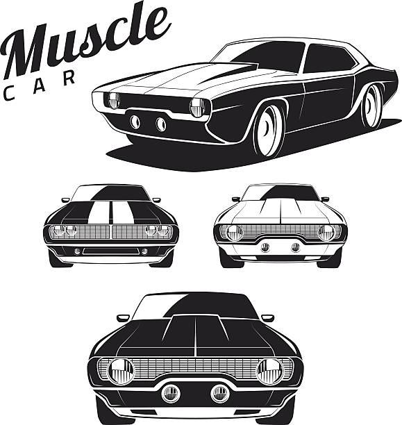 Muscle car tamplates for icons and emblems isolated Set of muscle car tamplates for icons and emblems isolated on white background. Front view and isometric view. hot wheels flames stock illustrations