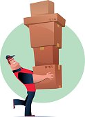 vector illustration of happy muscular courier carrying cartons…