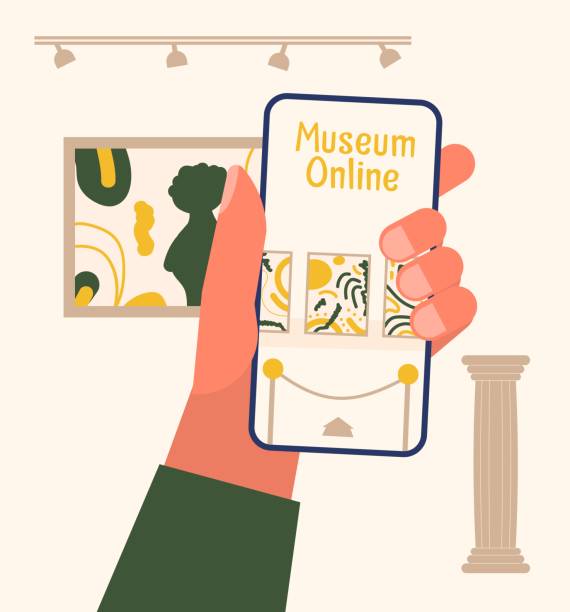Museum exhibit online concept. Museum exhibit online concept. Contemporary art gallery. Hand with phone with exhibition app on screen. Colorful vector flat illustration with lettering. Home hobby for self isolation. Co working home. museum stock illustrations
