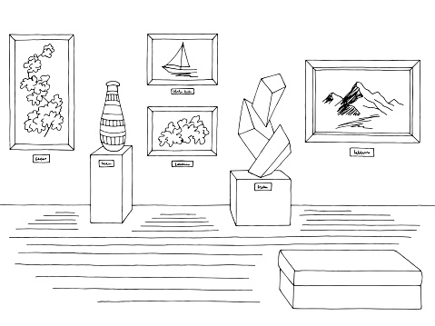 Museum graphic black white interior sketch illustration vector