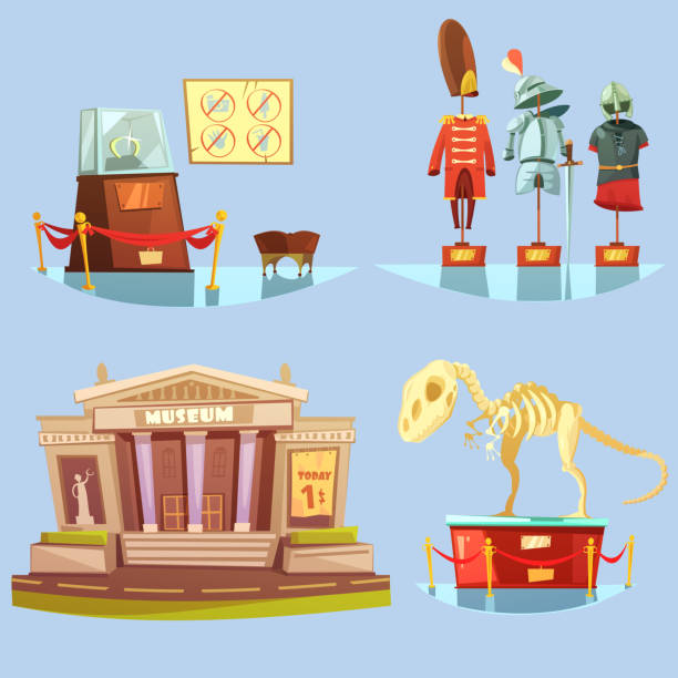 museum retro cartoon set Museum with one dollar ticket today and historical exhibits on glassy floor retro cartoon 2x2 flat icons set museum stock illustrations