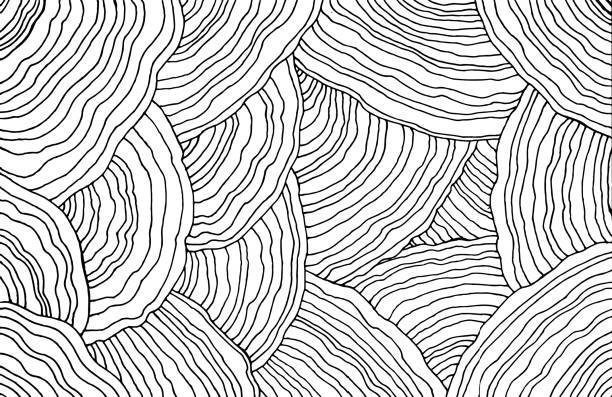 キノコパターン。森の花の質感。波状の落書きラインアート。大人の着色ページ。装飾を伴う抽象パターン。ベクトルの図 - キノコ点のイラスト素材／クリップアート素材／マンガ素材／アイコン素材
