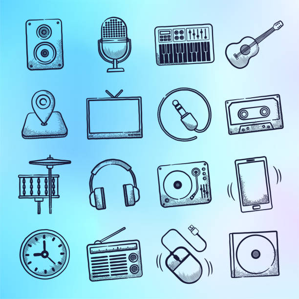 Music Analysis Insights Doodle Style Vector Icon Set Music analysis insights doodle style outline symbols on holographic gradient background. Vector icons set for infographics, mobile or web page designs. radio illustrations stock illustrations