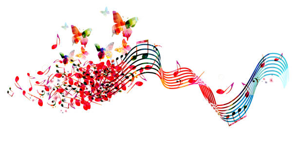illustrazioni stock, clip art, cartoni animati e icone di tendenza di sfondo musicale con note musicali colorate - music concept