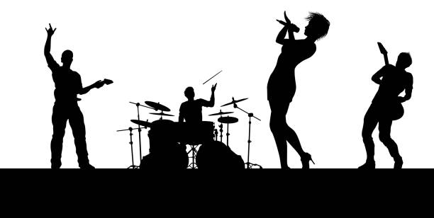 Music Band Concert Silhouettes A musical group or rock band playing a concert in silhouette music silhouettes stock illustrations