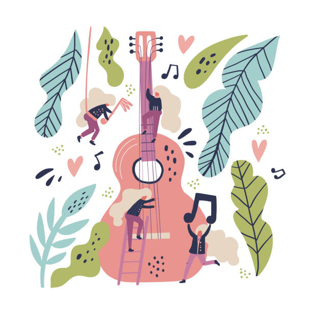 Music band flat hand drawn vector illustration Music band flat hand drawn vector illustration. Tiny blonde musicians playing guitar cartoon characters. Musical instrument, plant leaves, female guitarists scandinavian style clipart. Music concert mini fan stock illustrations